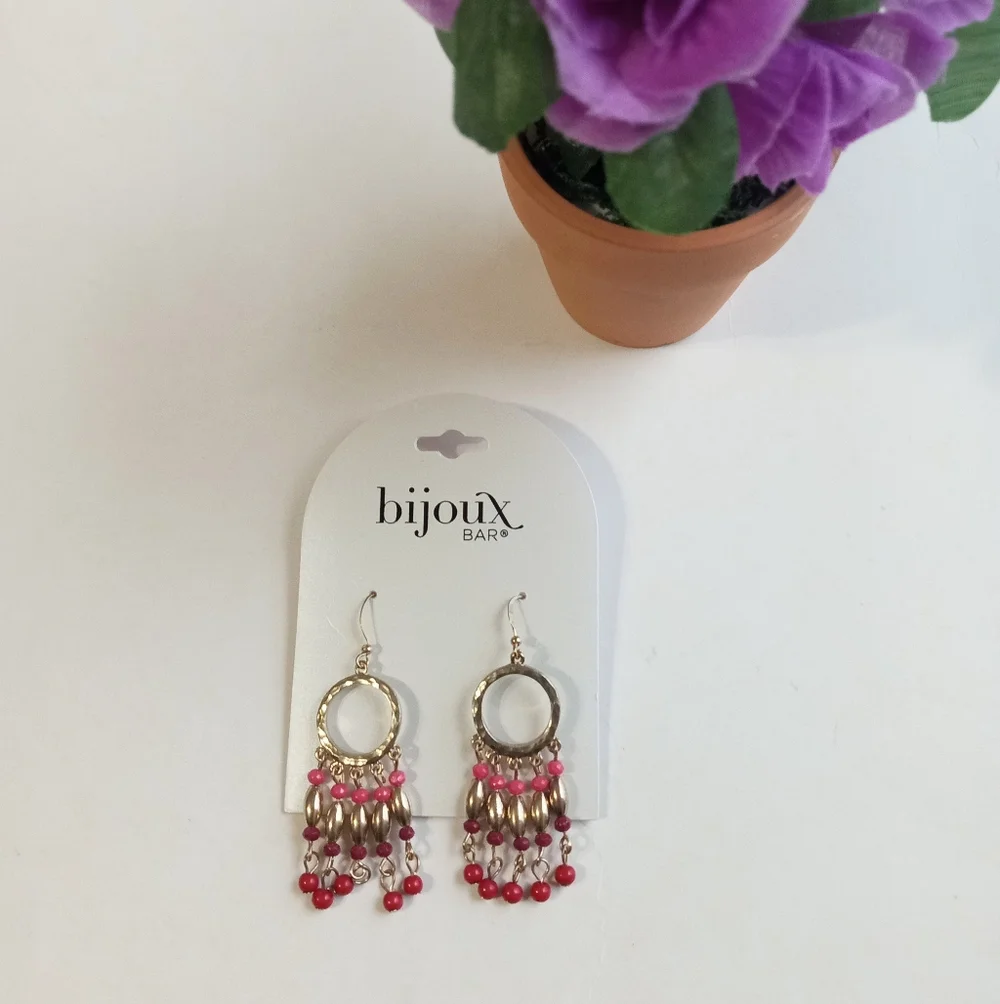 Gold Tone Boho Pink Red Gold Beaded Earrings
